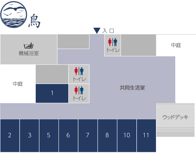 千葉県木更津市にある社会福祉法人梅香会・特別養護老人ホーム「いわね潮の香園」フロアのご案内1F展開図画像