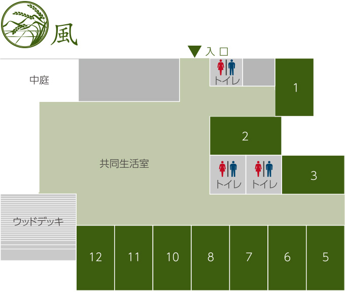 千葉県木更津市にある社会福祉法人梅香会・特別養護老人ホーム「いわね潮の香園」フロアのご案内1F展開図画像