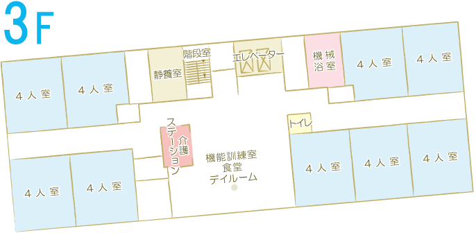 千葉県木更津市にある社会福祉法人梅香会・特別養護老人ホーム「矢那梅の香園」フロアのご案内3F展開図画像